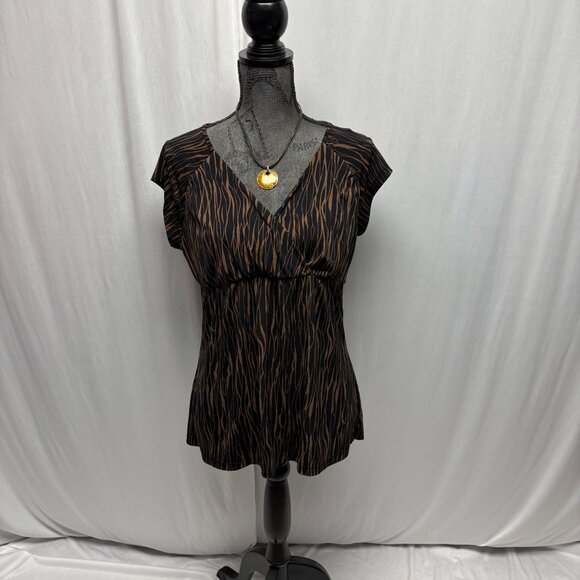 Liz Claiborne Brown Black Zebra Print V-Neck Empire Waist Top Womens Size Large - Picture 1 of 7